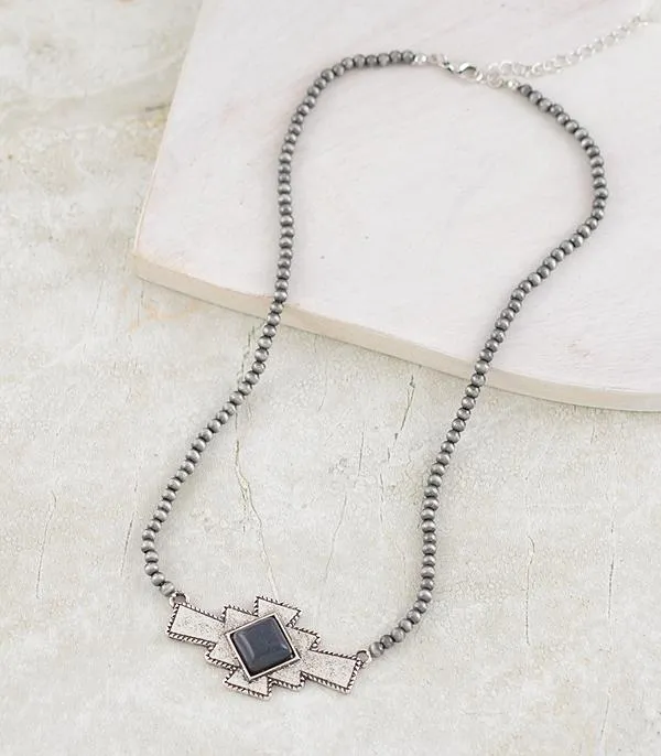 YKT Necklaces WESTERN BLACK STONE AZTEC NAVAJO PEARL BEADED NECKLACE
