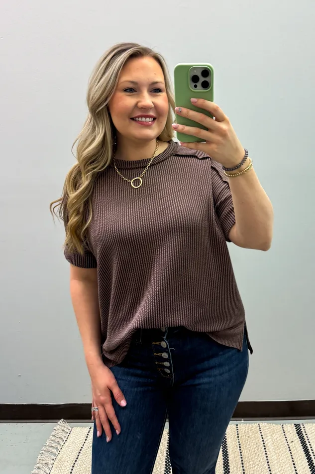 Zenana Earrings Jordan Crew Neck Ribbed Top Brown
