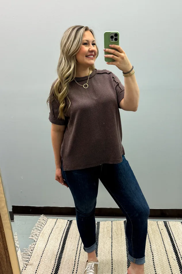 Zenana Earrings Jordan Crew Neck Ribbed Top Brown
