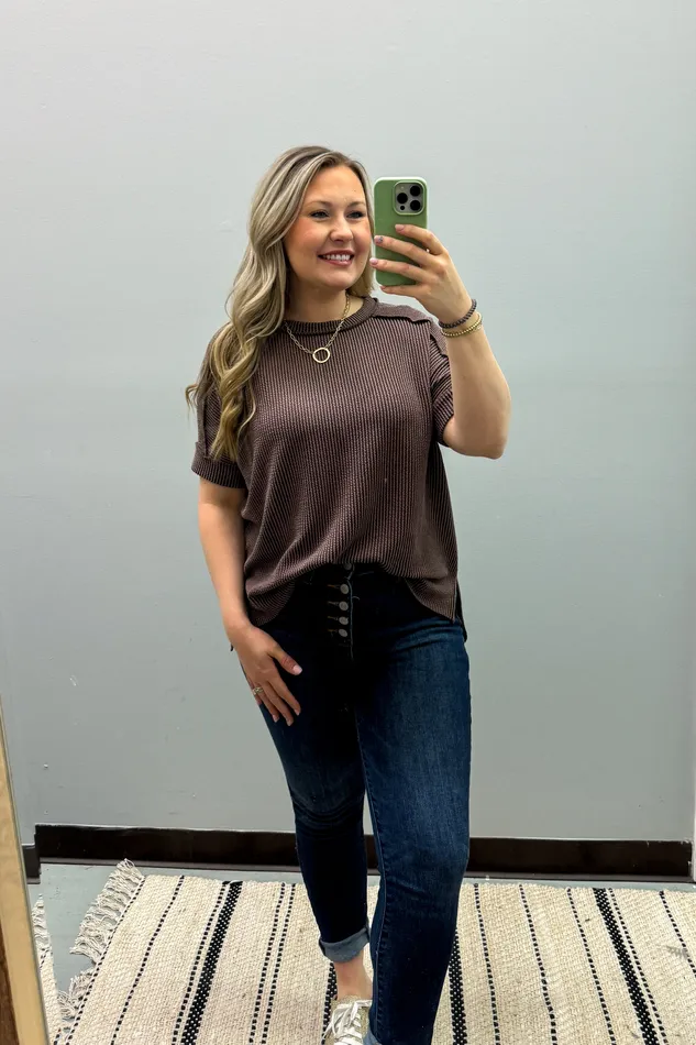 Zenana Earrings Jordan Crew Neck Ribbed Top Brown
