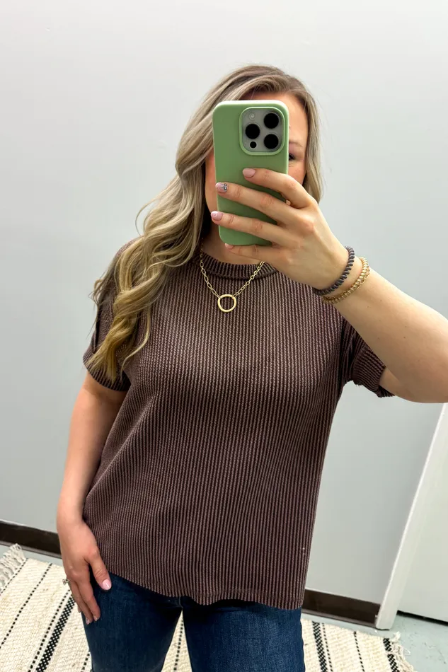 Zenana Earrings Jordan Crew Neck Ribbed Top Brown