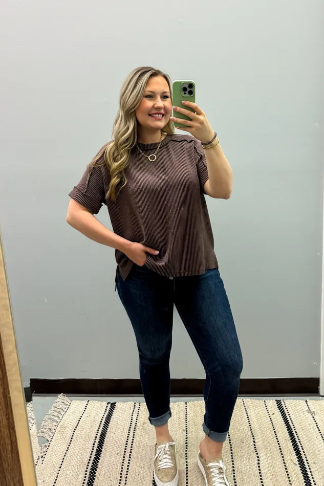Zenana Earrings Jordan Crew Neck Ribbed Top Brown