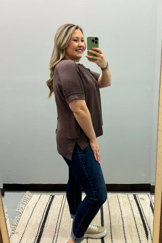 Zenana Earrings Jordan Crew Neck Ribbed Top Brown